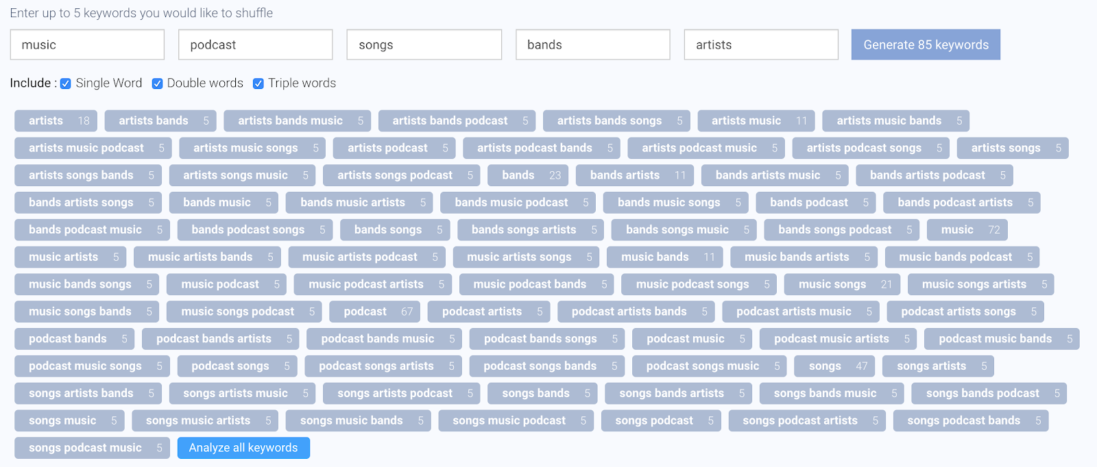 By entering the keywords ‘music’, ‘podcast’, ‘songs’, bands’, and ‘artists’, the Keyword Shuffle Tool has generated 85 long tail keywords and combinations for Spotify (Apple Store - United States).